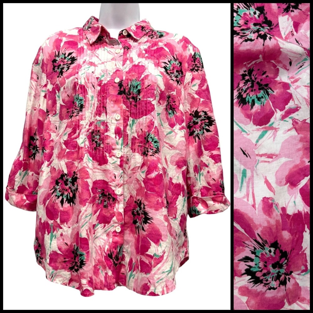 Pink Tropical Floral Linen Button Up Shirt Resort Wear Coastal Grandma Size PM